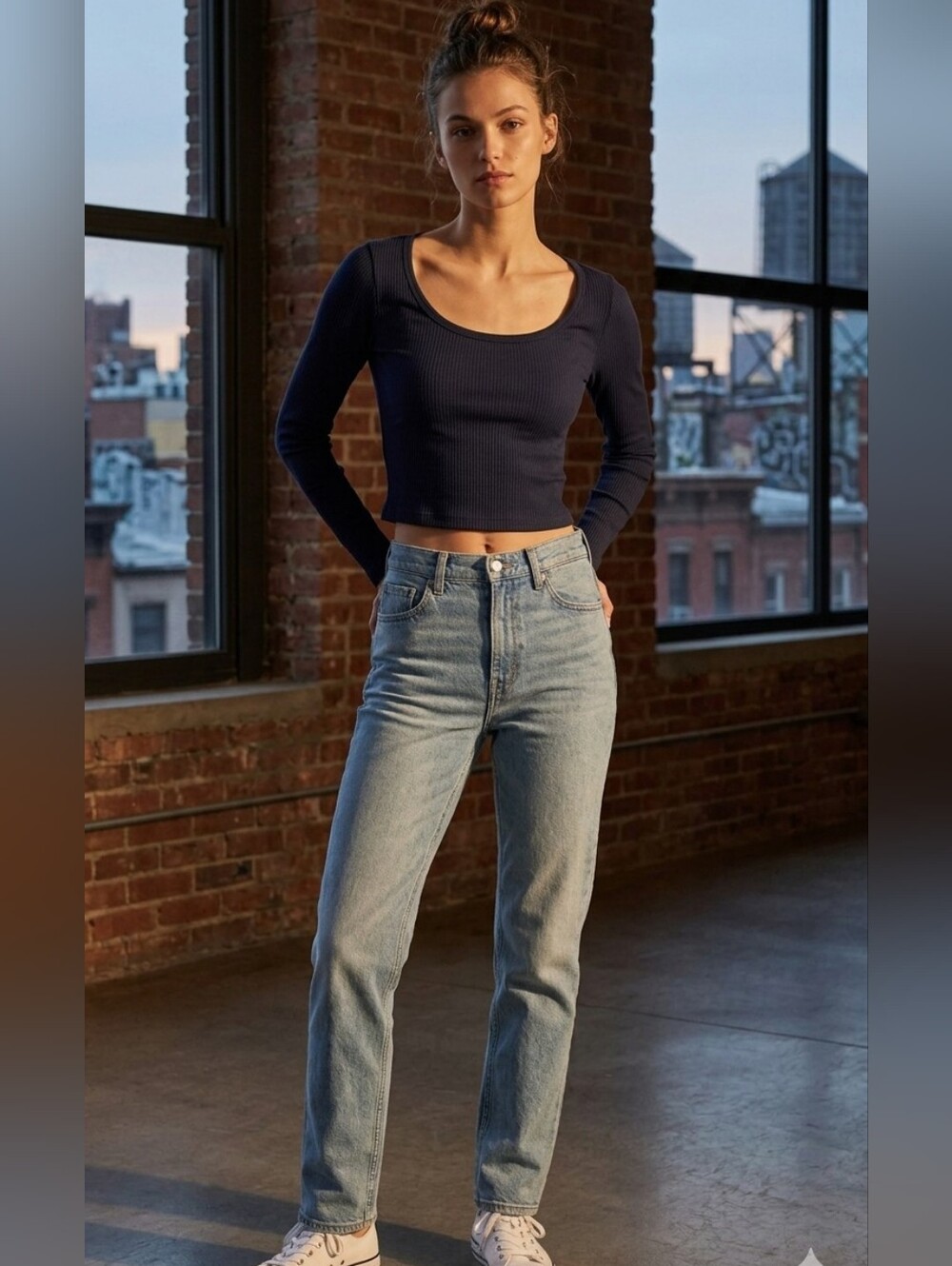 Uniqlo Navy Scoop Neck Ribbed Long Sleeve Crop Top